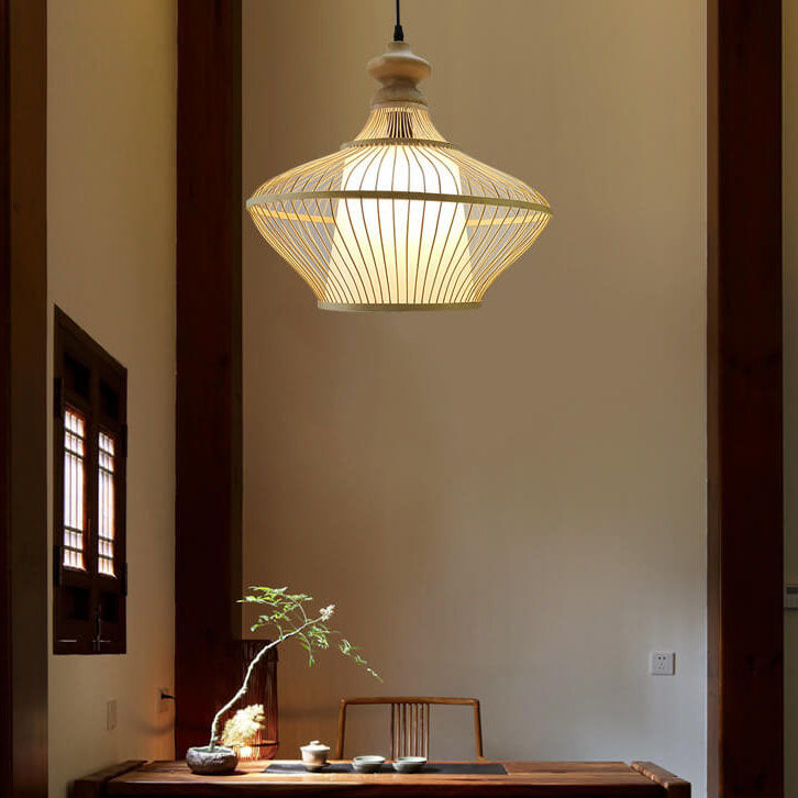 Modern Beige Bamboo Weaving Saucer 1-Light Pendant Light