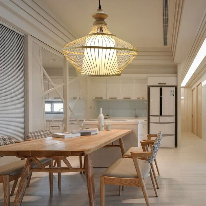 Modern Beige Bamboo Weaving Saucer 1-Light Pendant Light