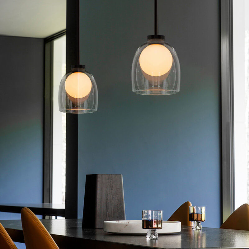 Luz colgante moderna de vidrio claro con 1 luz en forma de campana 