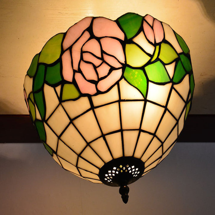 Traditional Tiffany Stained Glass Iron Bowl Round 2-Light Semi-Flush Mount Ceiling Light for Living Room