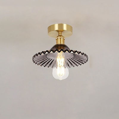 Japanese Vintage Glass Brass Lotus 1-Light Semi-Flush Mount Ceiling Light