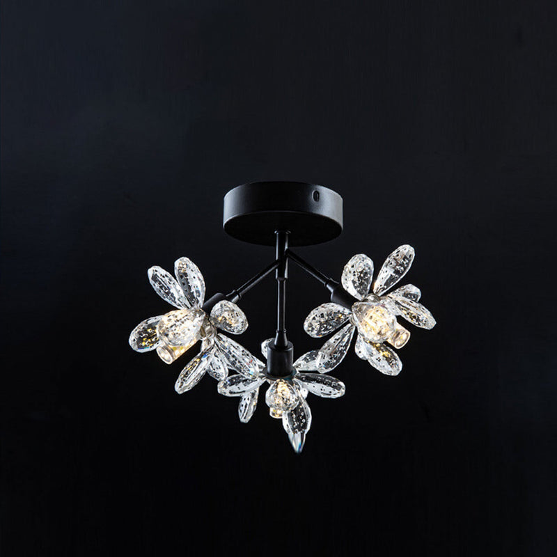 Modern Light Luxury Crystal Flower Design 3-Light Semi-Flush Mount Light