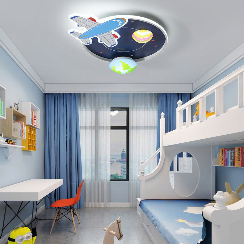 Contemporary Creative Round Acrylic Iron LED Aircraft Space Cartoon Kids Flush Mount Ceiling Light For Bedroom