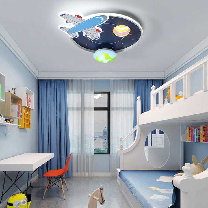 Contemporary Creative Round Acrylic Iron LED Aircraft Space Cartoon Kids Flush Mount Ceiling Light For Bedroom