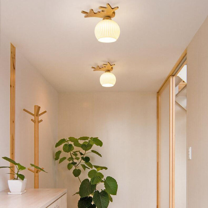 Lámpara de techo semiempotrada de 1 luz con cúpula de cristal y diseño de asta en madera maciza estilo nórdico contemporáneo para pasillo 