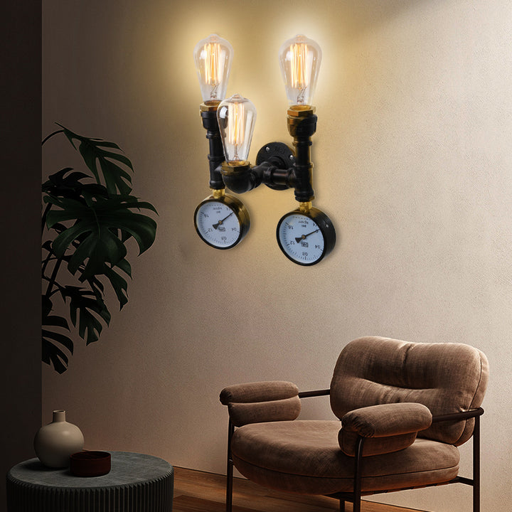 Traditional Vintage Iron Pipe Water Meter 3-Light Wall Sconce Lamp For Living Room