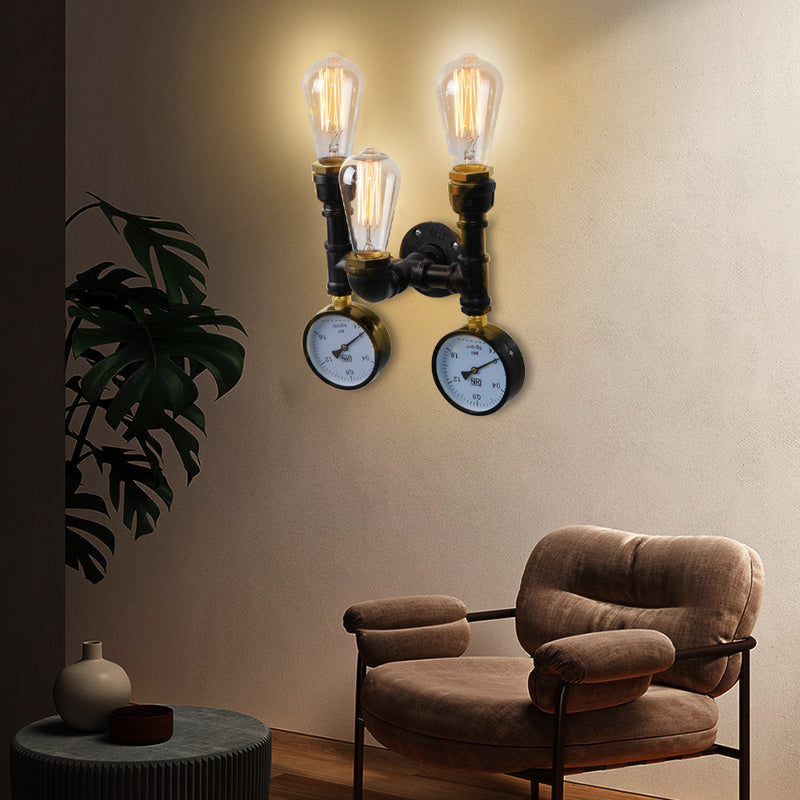 Vintage Industrial Iron Pipe Water Meter 3-Light Wall Sconce Lamp