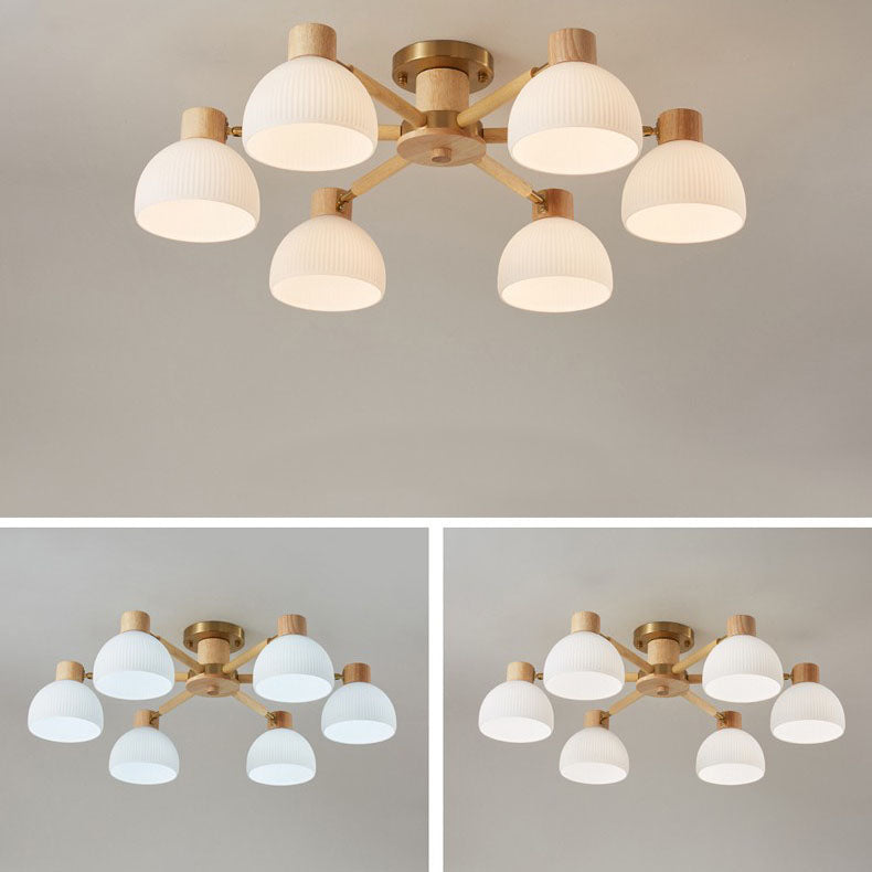 Plafón de techo tradicional japonés Wabi-sabi de madera de caucho, herrajes y vidrio de 3/6/8 luces para sala de estar 