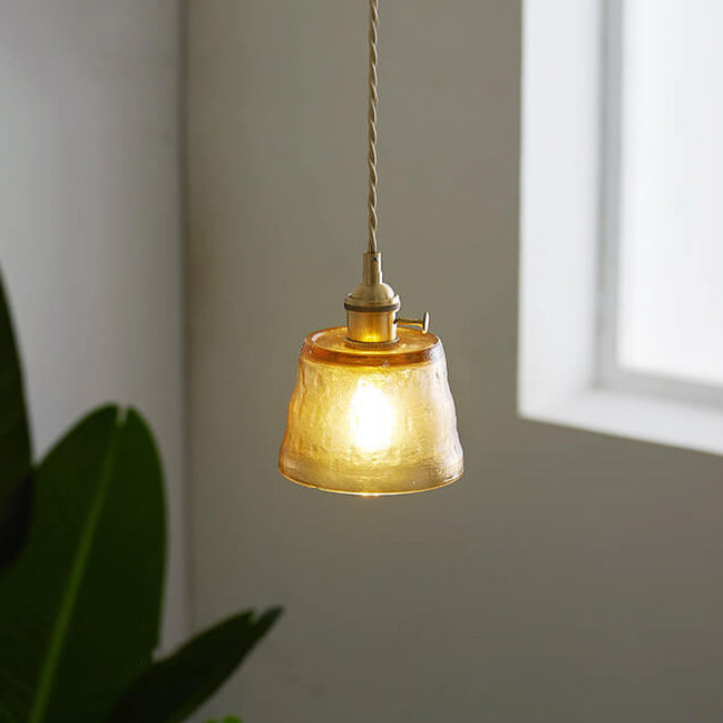 Vintage Glass Brass Drum 1-Light Pendant Light