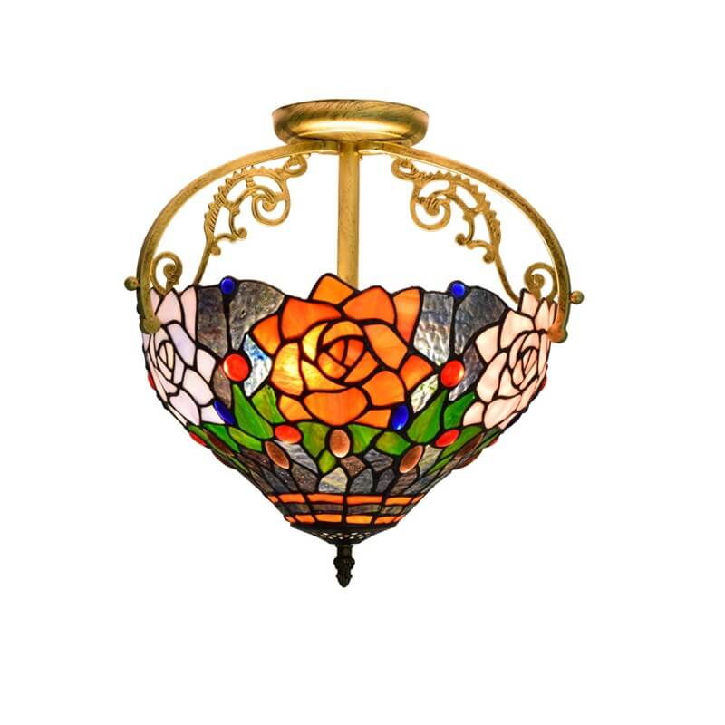 Tiffany European Stained Glass Rose Design 2-Light Semi-Flush Mount Light