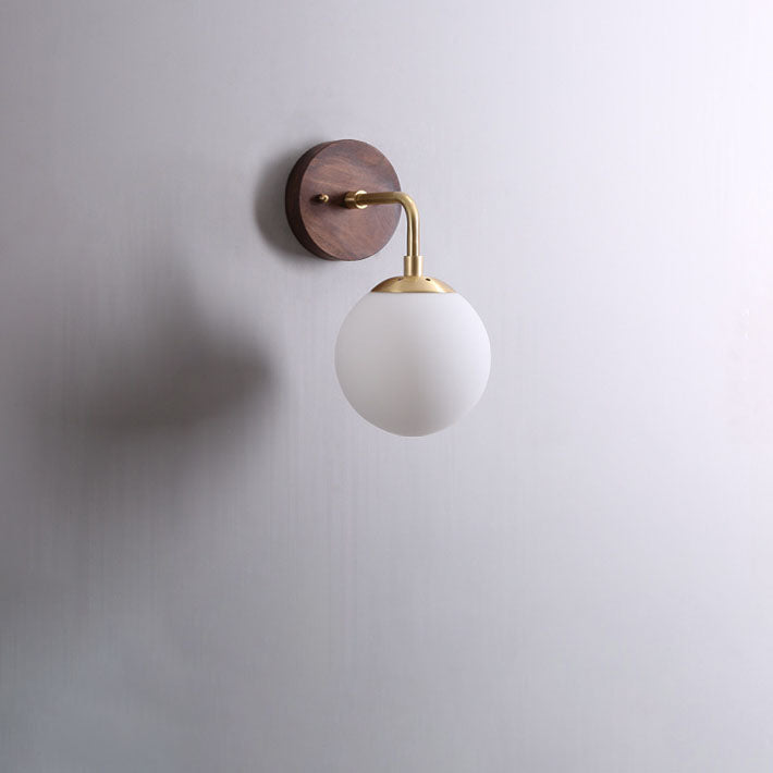 Contemporary Nordic Walnut Brass Glass Round Orb 1-Light Wall Sconce Lamp for Living Room