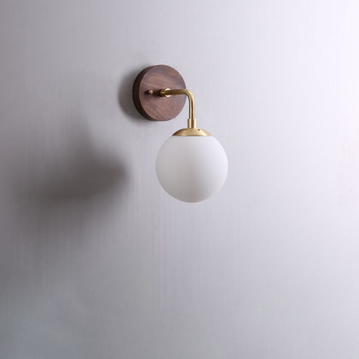 Nordic Walnut Brass Glass Orb 1-Light Wall Sconce Lamp