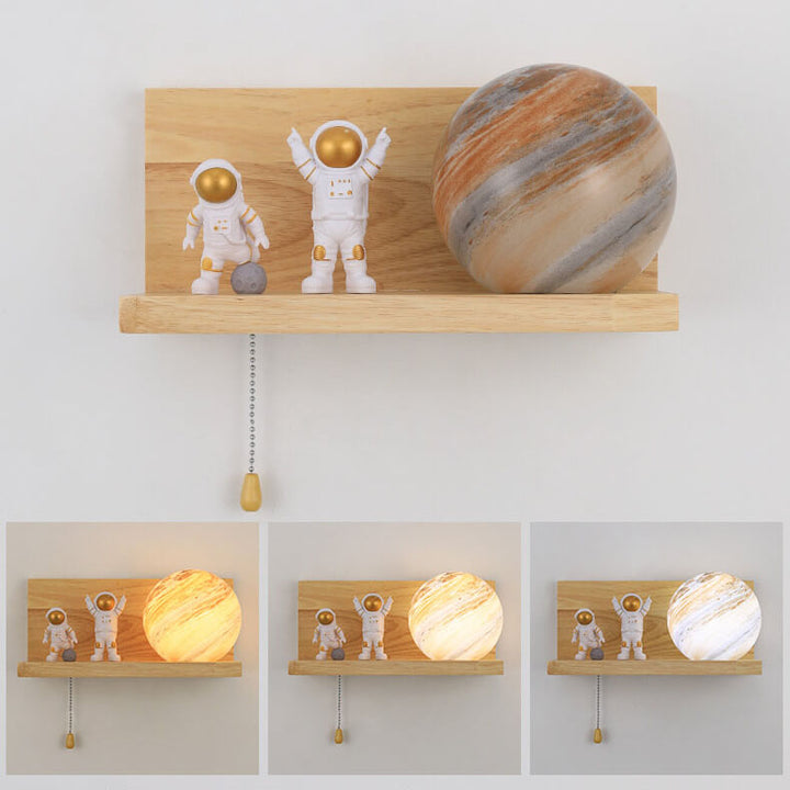 Contemporary Creative Planet Glass Solid Wood Square Base 1-Light Wall Sconce Lamp for Bedroom Living Room