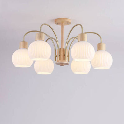 Modern Cream Round Lantern Iron Solid Wood Glass 6/8 Light Chandelier