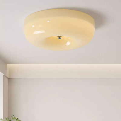 Contemporary Nordic Creamy Yellow Pudding Glass Shade Iron LED Flush Mount Ceiling Light For Living Room