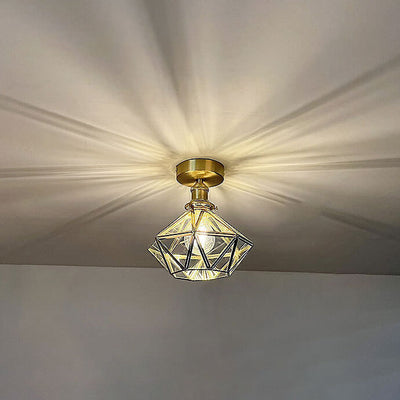 Modern Brass Glass Diamond 1-Light Semi-Flush Mount Ceiling Light