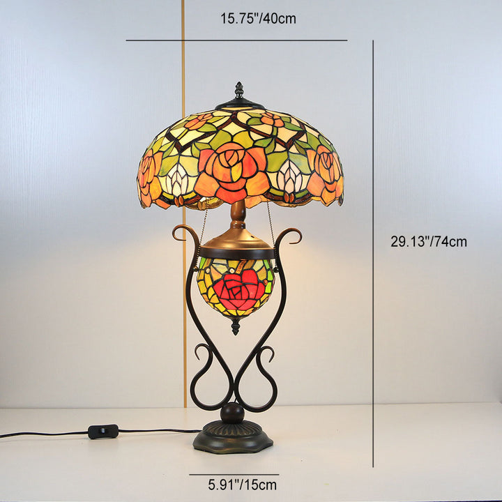 Traditional Tiffany Floral Stained Glass Iron Resin Round Pot 3-Light Table Lamp For Bedroom