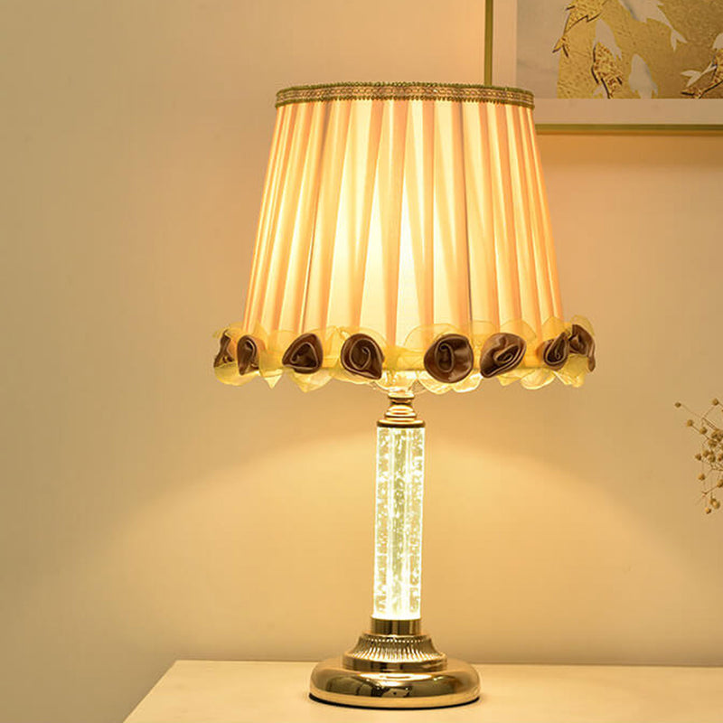 European Floral Fabric Shade Crystal Lamp Base 1-Light Table Lamp