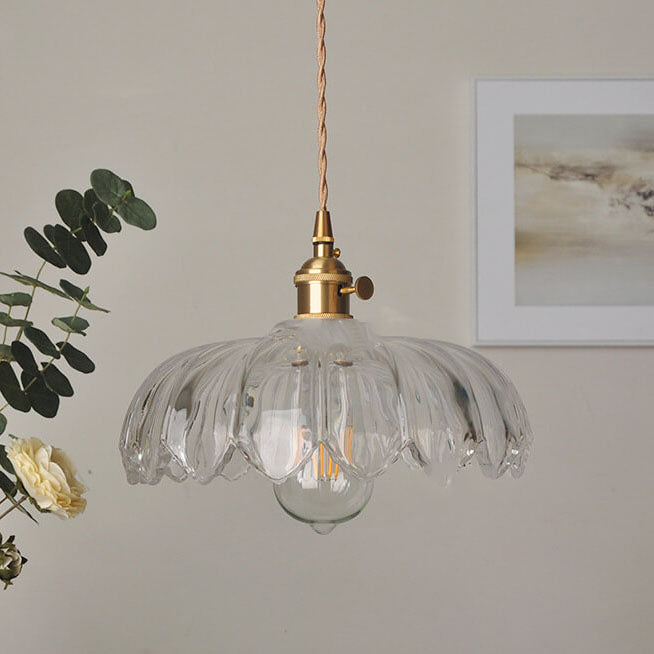 Lustre suspendu en laiton moderne rustique avec une fleur en verre à 1 lumière 