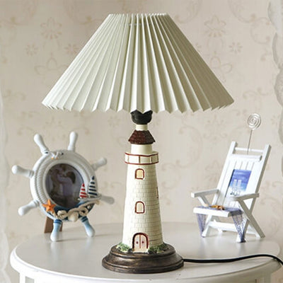 Creative Mediterranean Pleated Lampshade Lighthouse Base 1-Light Table Lamp