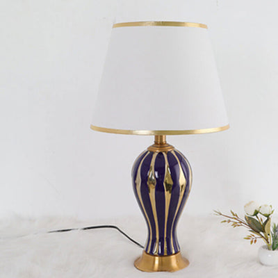 Modern Vintage Fabric Shade Ceramic Oval Base 1-Light Table Lamp