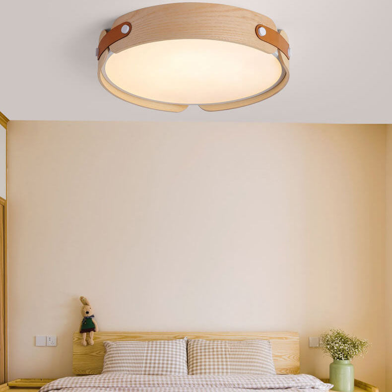 Modern Minimalist Solid Wood Round Leather Design LED Flush Mount Ceiling Light