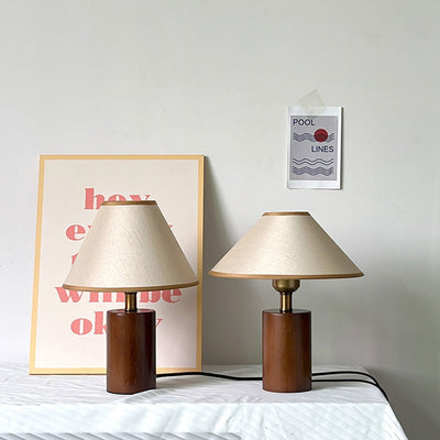 Vintage Pleated Cone Fabric Wooden Column 1-Light Table Lamp