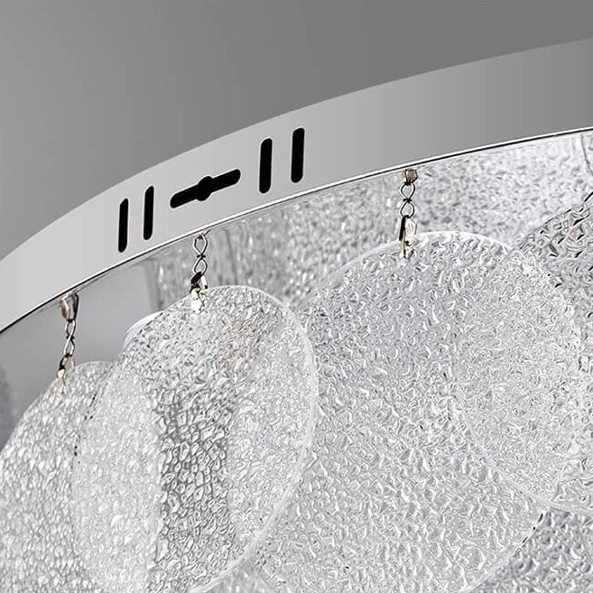 Zeitgenössische Luxus-Deckenleuchte aus Edelstahlrahmen mit Wasserstrukturglas, rundem Blatt und 8 Lichtern für das Wohnzimmer 