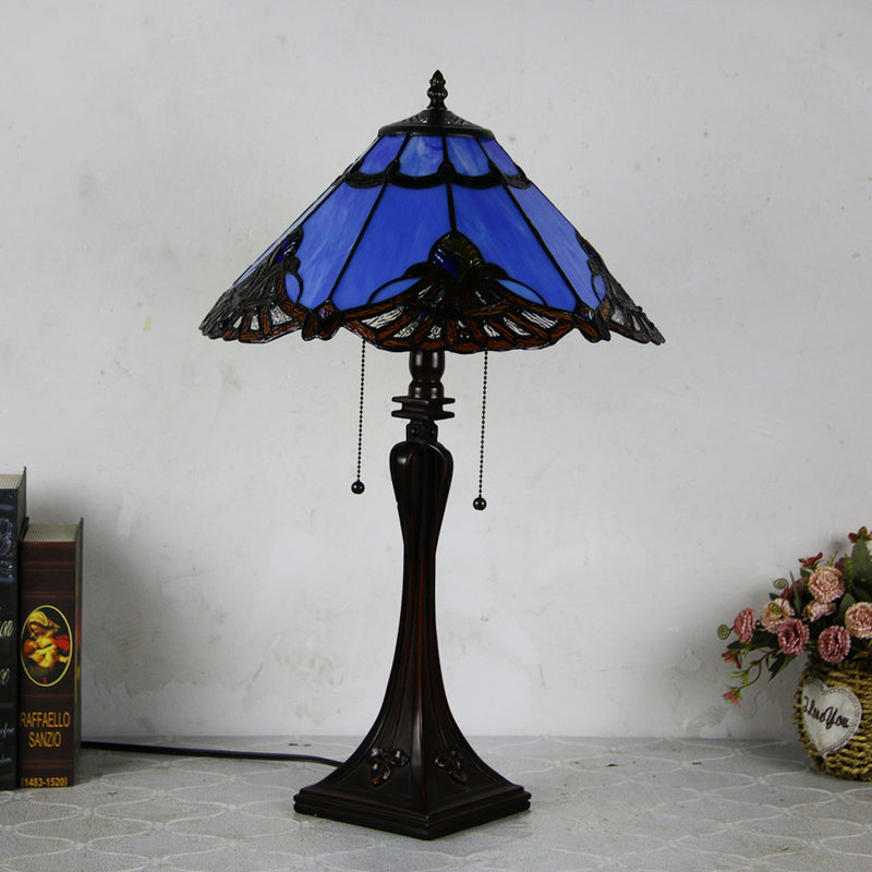 Lámpara de mesa de 2 luces con cordón de tiro en forma de cono de vidrio teñido estilo Tiffany Mediterráneo 