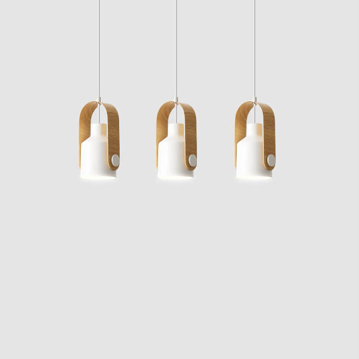 Zeitgenössische skandinavische zylindrische Holz-Eisen 1-Licht Pendelleuchte für Schlafzimmer 