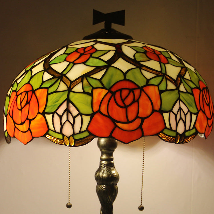 Lampe de table traditionnelle à 2 lumières en forme de dôme en verre teinté libellule Tiffany Rose pour étude 