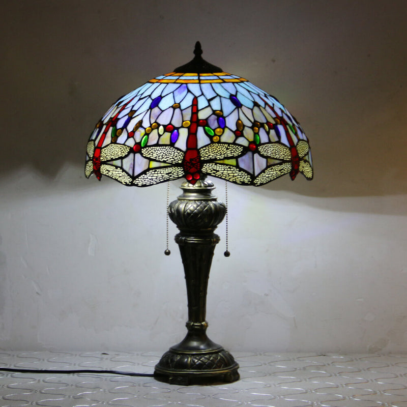 European Vintage Tiffany Dragonfly Peacock Glass Resin 1-Light Table Lamp