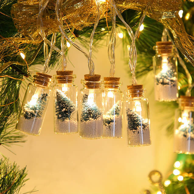 Lumière de chaîne décorative à LED de Noël avec bouteille à souhaits, arbre, neige et boîtier à piles 