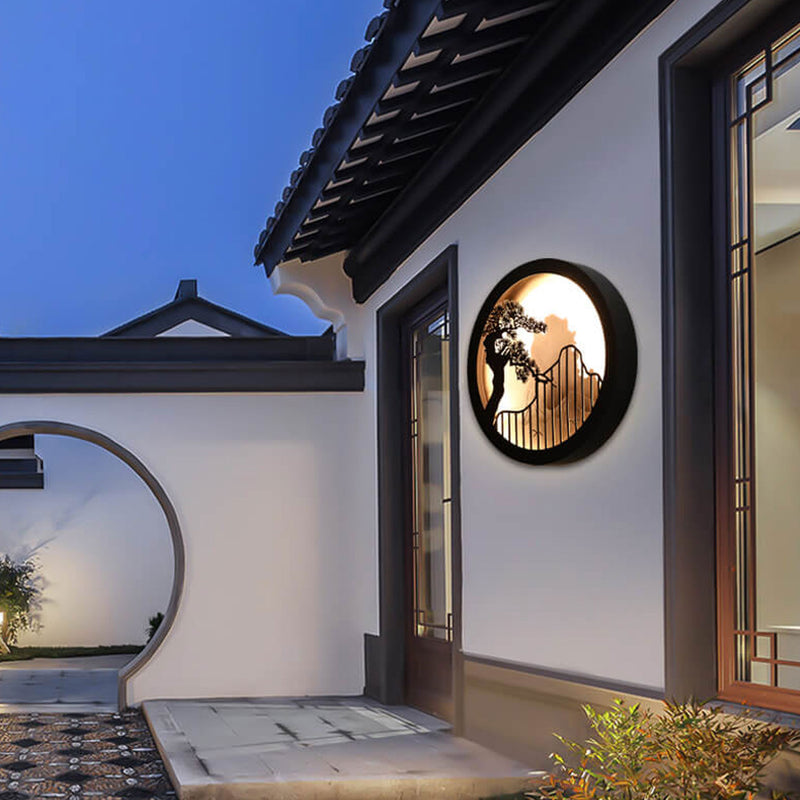 Applique murale LED extérieure ronde Zen paysage chinois moderne en pin 