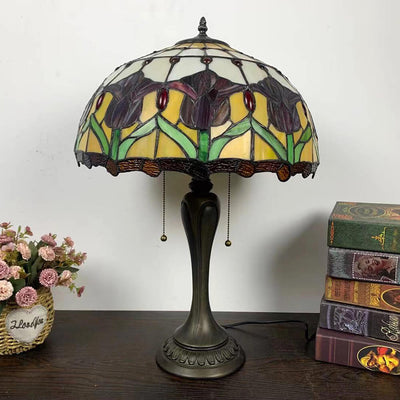 Lampe de Table en Verre Tiffany Européenne à Fleurs avec 2 Lumières 