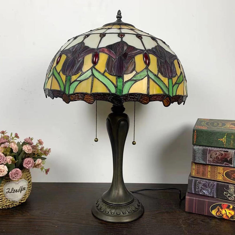Lampe de Table en Verre Tiffany Européenne à Fleurs avec 2 Lumières 