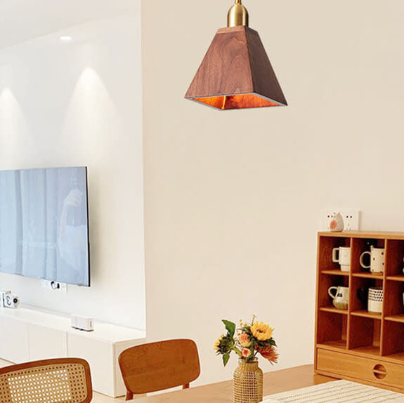 Traditional Vintage Ash Wood Walnut Geometric Round Cone Brass 1-Light Pendant Light for Living Room