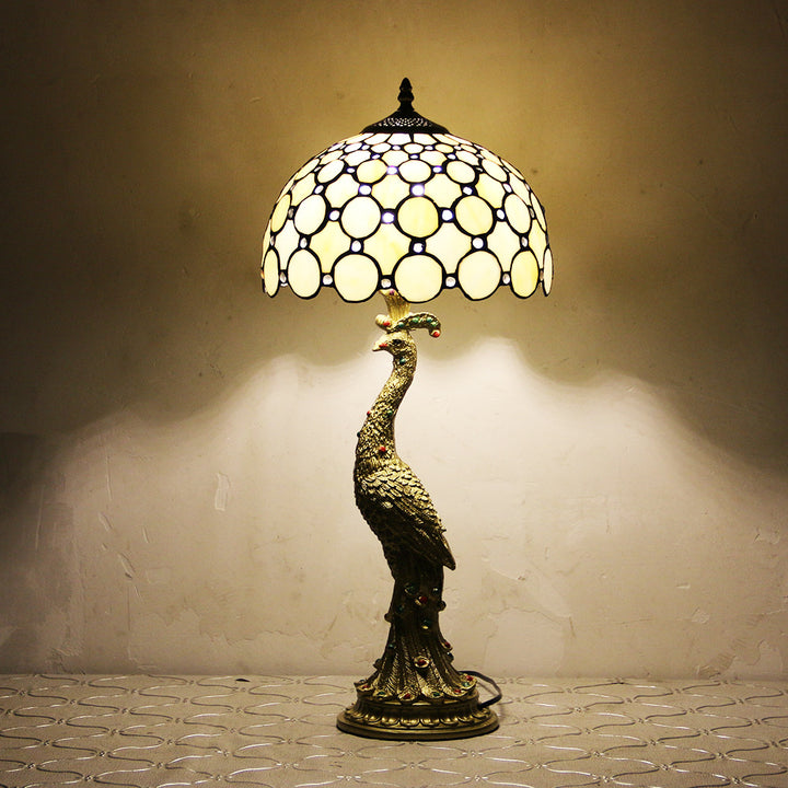 Lampe de table vintage Tiffany Peacock Gem Dome en résine et verre à 1 lumière 