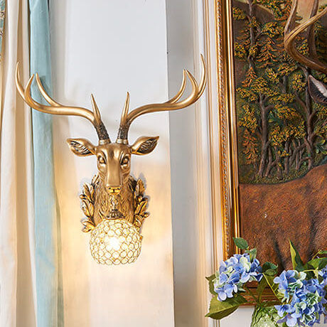 Applique murale européenne rétro à tête de cerf en résine à 1 lumière 