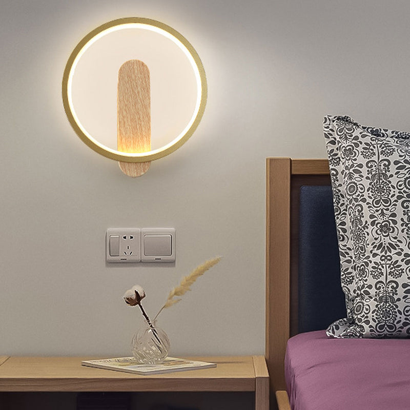 Modern Minimalist Wood Grain Round Wrought Iron LED Wall Sconce Lamp