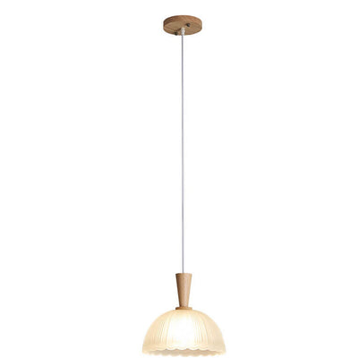 Modern Minimalist Textured Dome Glass Wood  Handle 1-Light Pendant Light