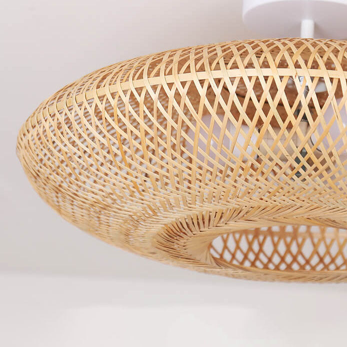 Japanese Bamboo Weaving Round Flying Saucer 3-Light Semi-Flush Mount Light