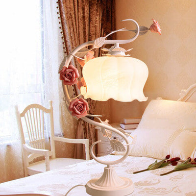 Vintage Romantic Pink Glass Ceramics Roses 1-Light Table Lamp