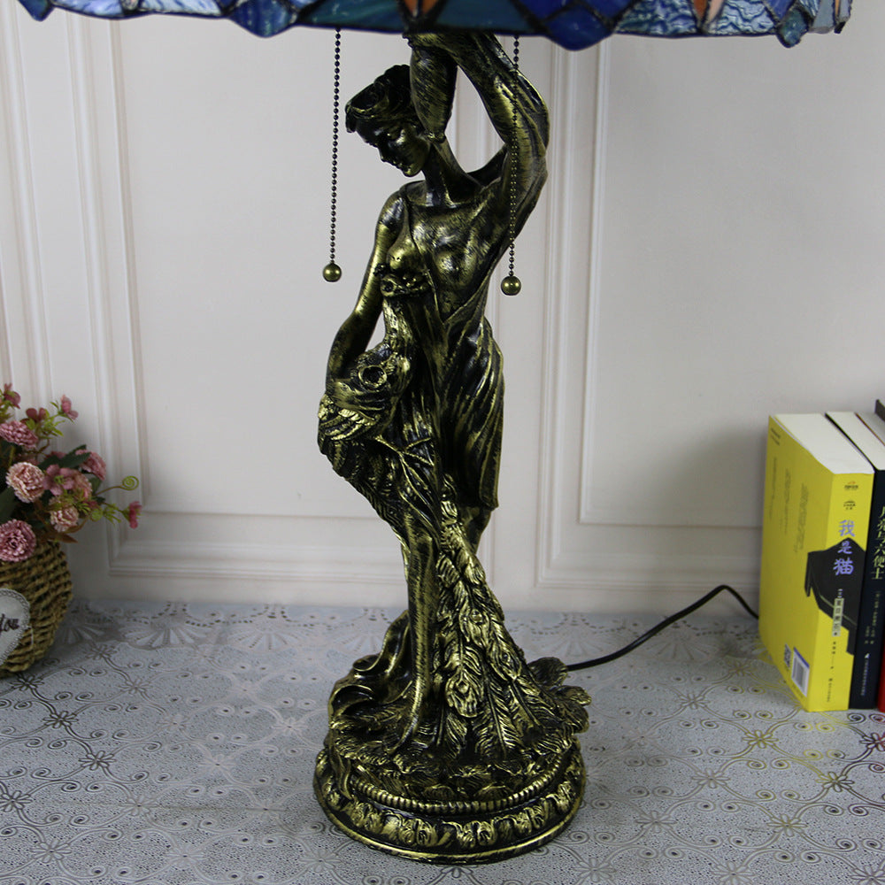 Lampe de table à 2 lumières avec base en résine et beauté en verre teinté Tiffany vintage 