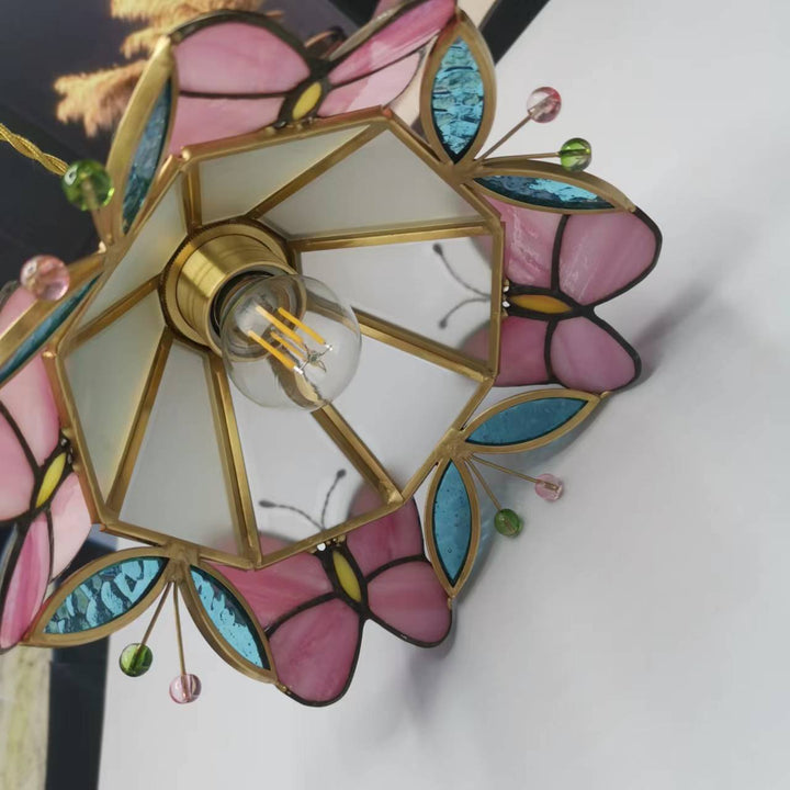 Moderne nordische 1-flammige Pendelleuchte aus Kupfer mit Schmetterlings-Buntglas in Kegelform für das Wohnzimmer 