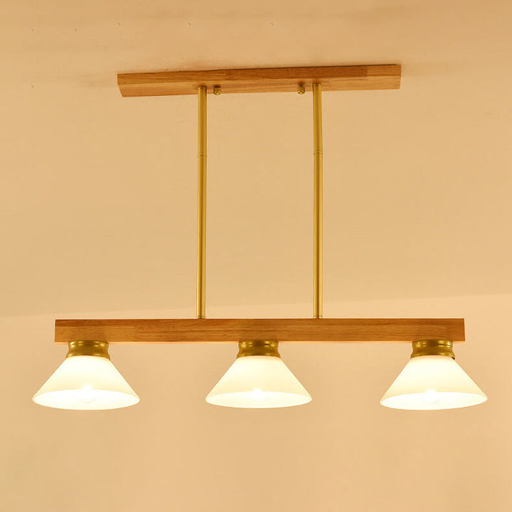 Lámpara de Araña de Isla de 3/4 Luces con Pantalla de Vidrio Cónica de Madera Maciza Nórdica 