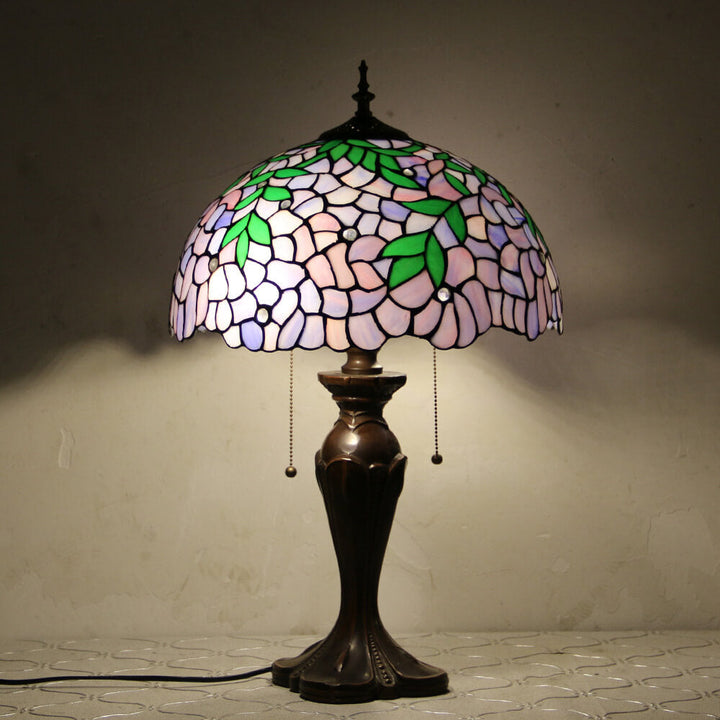 Lampe de table Tiffany avec fleur rétro européenne en verre teinté à 1 lumière avec cordon de tirage 