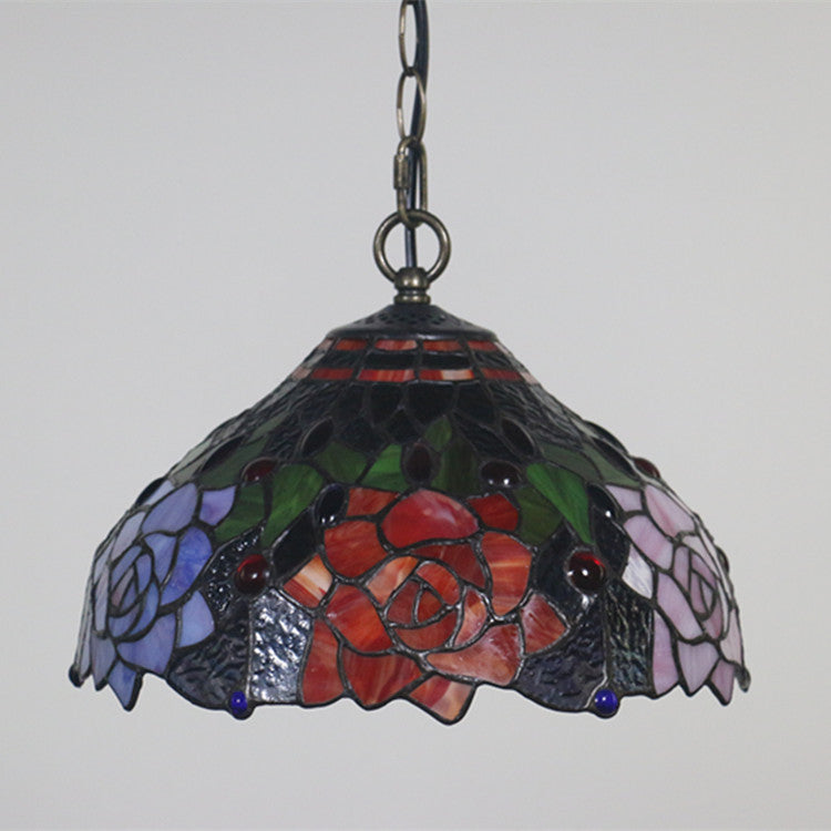 Traditionelle 1-flammige Tiffany-Pendelleuchte mit Blumenmotiv aus Buntglas und Eisenschirm für Wohn- und Schlafzimmer 