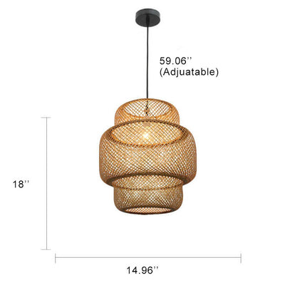 Moderne gestufte 1-Licht-Zylinder-Pendelleuchte aus Bambusgeflecht 