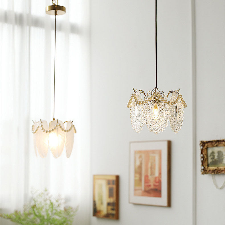 Traditional French Feather Pearl Petal Hardware Glass 1-Light Pendant Light For Bedroom